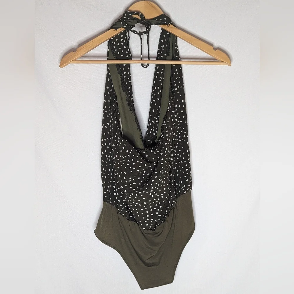 Escape by Blu Pepper Forest‎ Green Polka Dot Sz Large Bodysuit Halter Tie